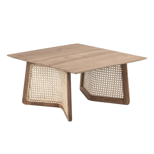 28 Inch Coffee Table, Square Top, Rattan Cane Base, Teak Wood, Brown  By Casagear Home