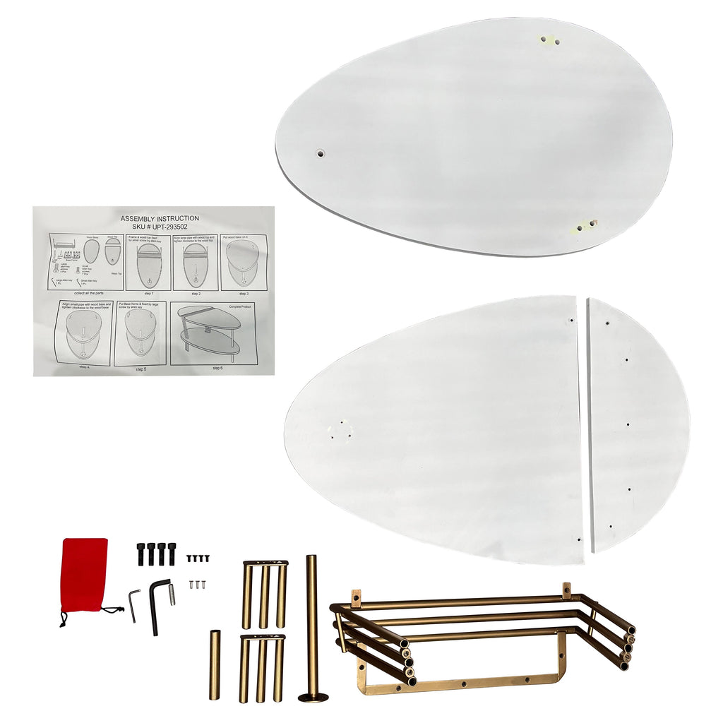 36 Inch Modern Coffee Table, Oval Elliptical Shape, White Mango Wood With Antique Brass The Urban Port