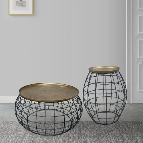 2 Piece Coffee Table and End table Set, Round Antique Brass Tray Top, Curved Cage Design Black Iron Base  By The Urban Port